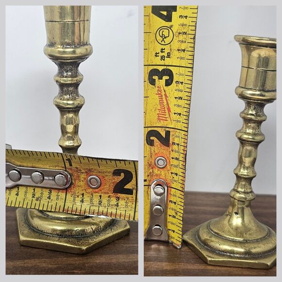Vtg Pair Brass Candlestick Baluster Form Faceted Screw Hexagonal Base 3.5" - Picture 11 of 12
